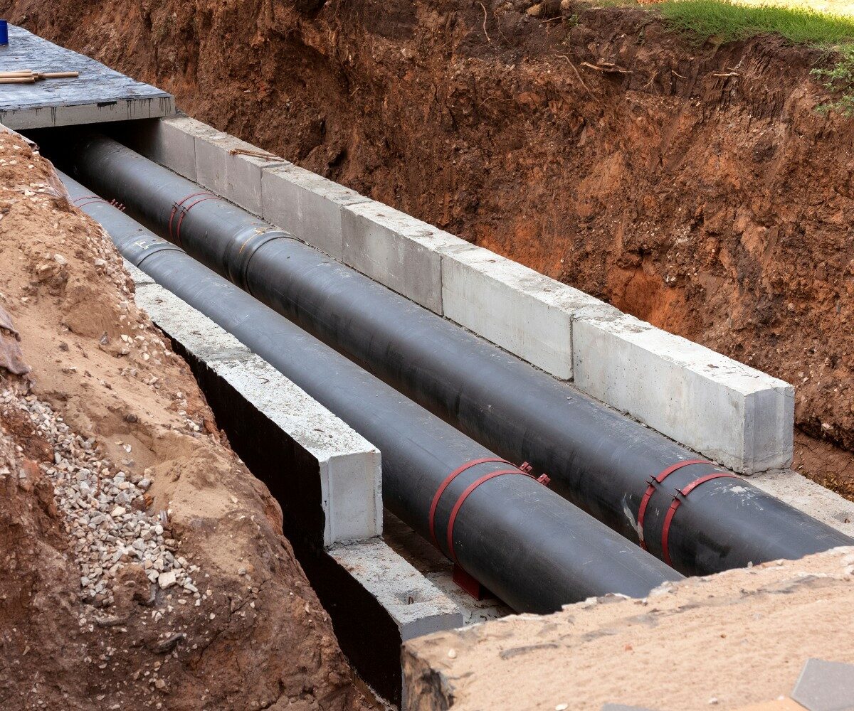 Vue de canalisations enterrées dans une tranchée lors d’une opération de détection de réseaux d’assainissement eaux usées et eaux pluviales